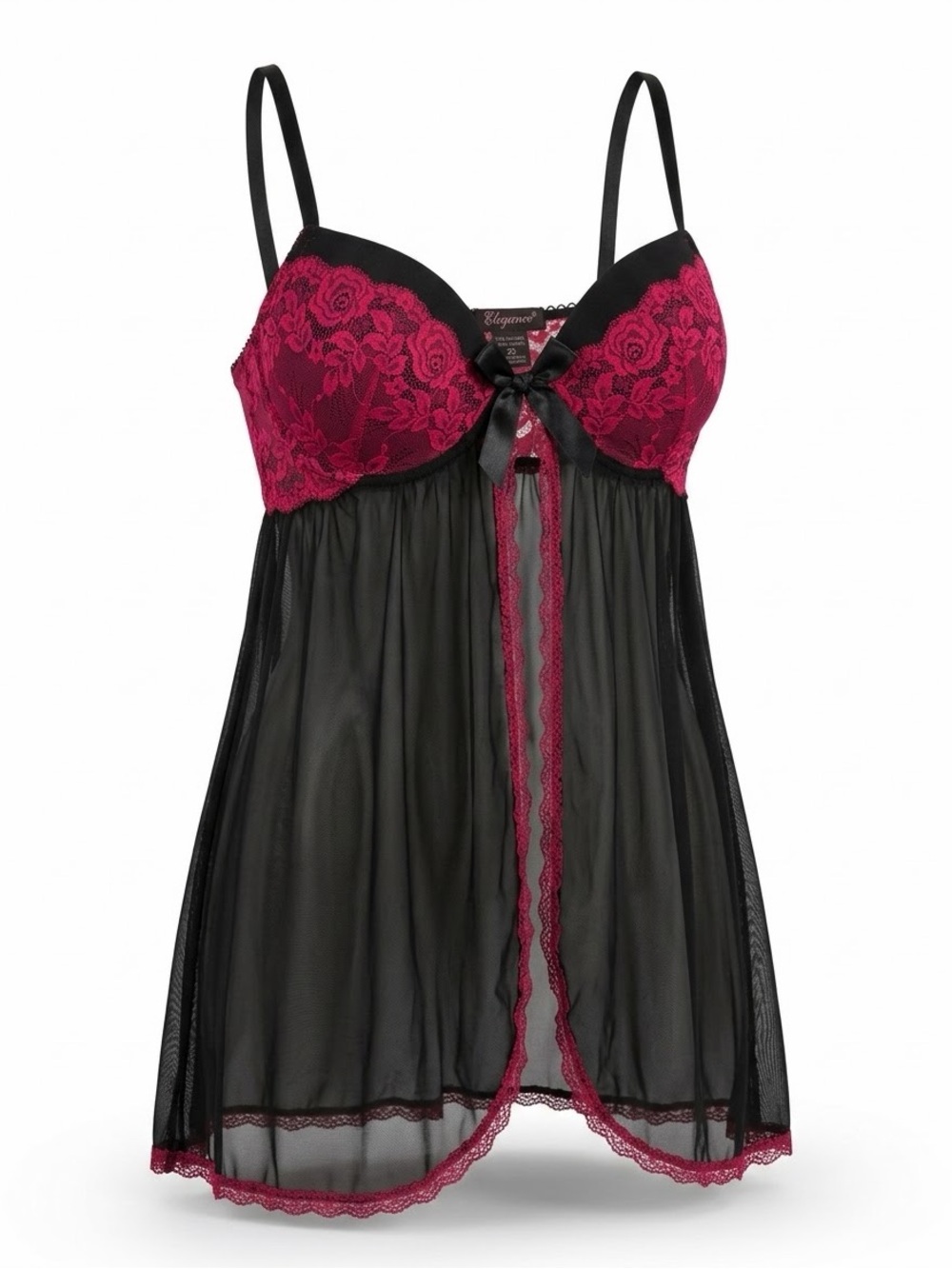 Elegance Plus Size 2X Red Black Lace Babydoll Lingerie Mesh Open Front Chemise